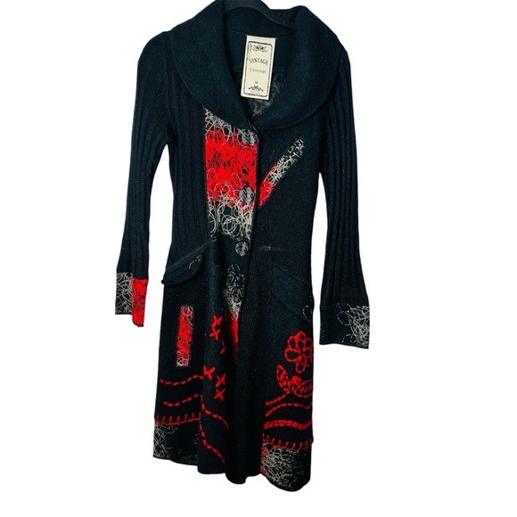 Vintage Concept Black Wool Blend Button Up Sweater Coat with Red Accents Women M - Picture 1 of 11